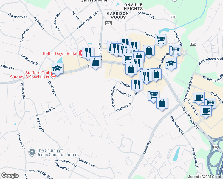 map of restaurants, bars, coffee shops, grocery stores, and more near 107 Candlestick Drive in Stafford
