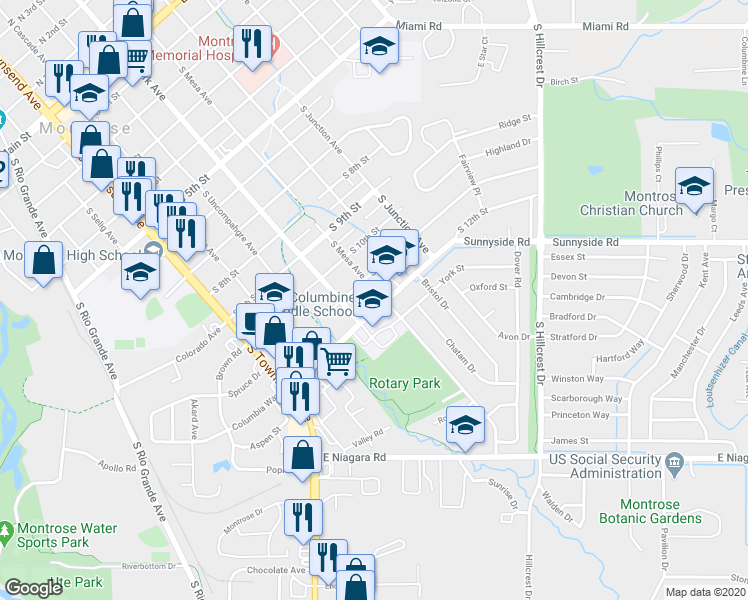 map of restaurants, bars, coffee shops, grocery stores, and more near 641 South 12th Street in Montrose