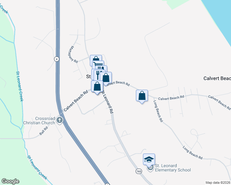 map of restaurants, bars, coffee shops, grocery stores, and more near 605 Calvert Beach Road in Saint Leonard