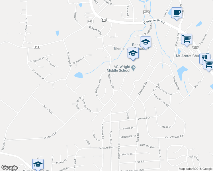 map of restaurants, bars, coffee shops, grocery stores, and more near 20 Saint Marks Court in Stafford