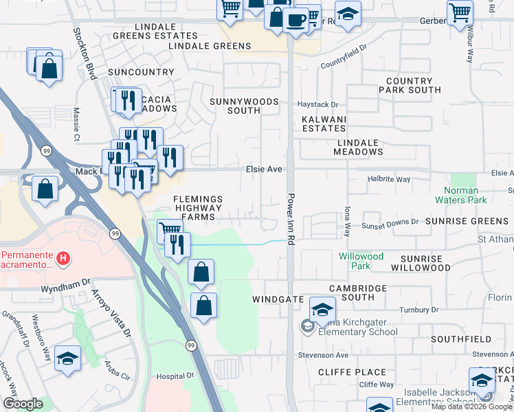 map of restaurants, bars, coffee shops, grocery stores, and more near 7825 Victory Ave in Sacramento