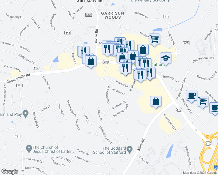 map of restaurants, bars, coffee shops, grocery stores, and more near 128 Coopers Lane in Stafford