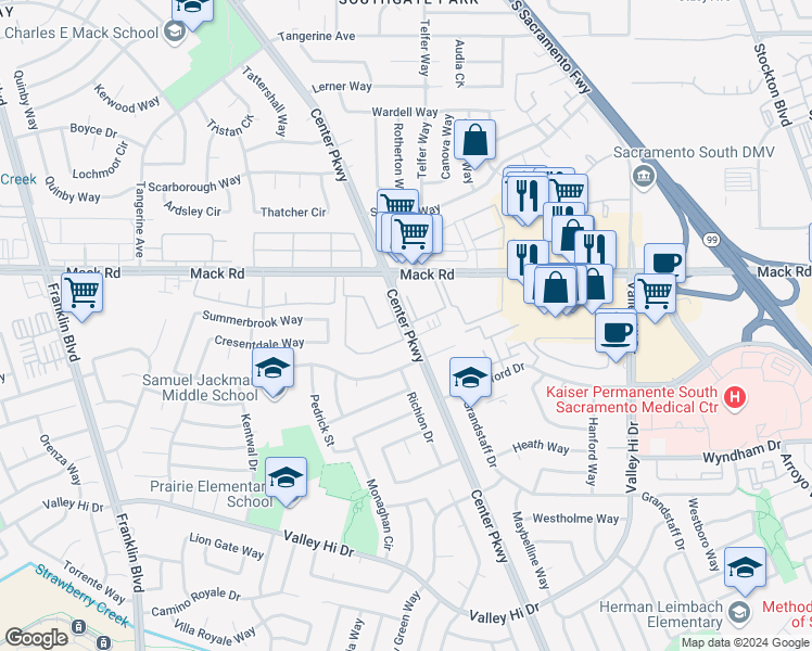 map of restaurants, bars, coffee shops, grocery stores, and more near 1 Loorz Court in Sacramento