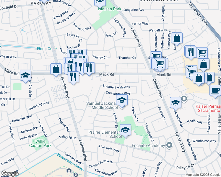 map of restaurants, bars, coffee shops, grocery stores, and more near 2 Summergate Court in Sacramento