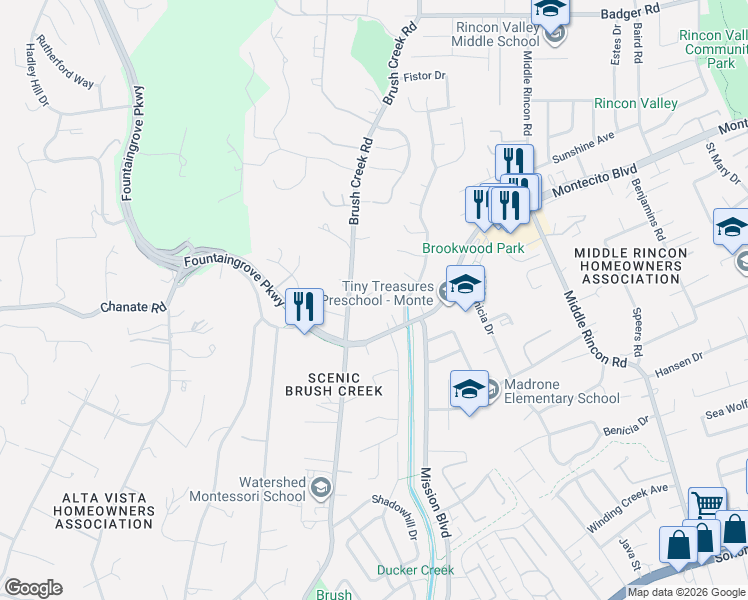 map of restaurants, bars, coffee shops, grocery stores, and more near 5935 Montecito Boulevard in Santa Rosa