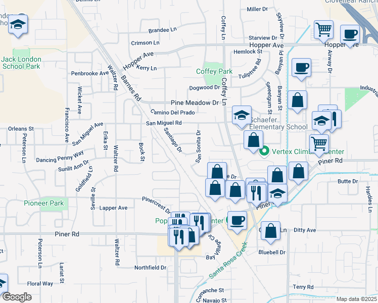 map of restaurants, bars, coffee shops, grocery stores, and more near 3447 San Sonita Drive in Santa Rosa