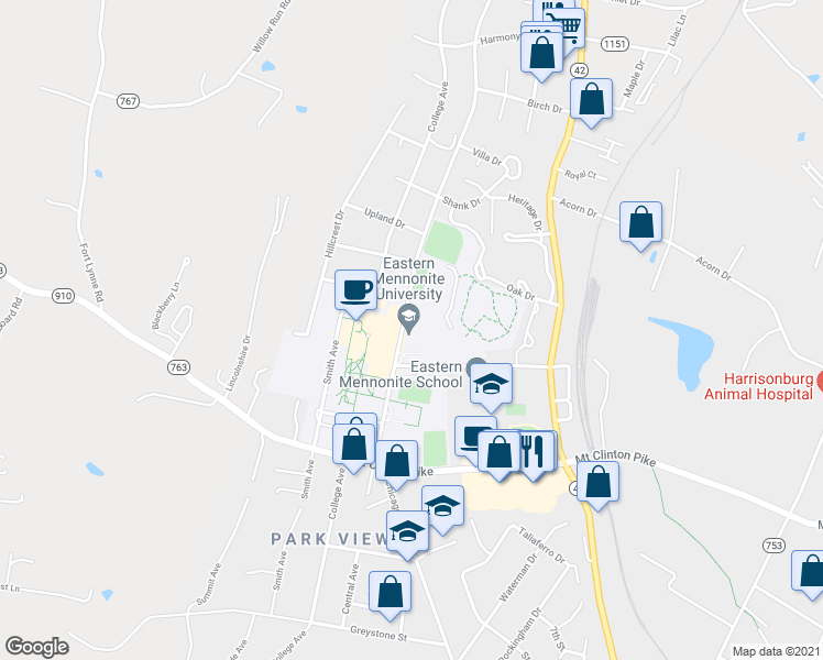 map of restaurants, bars, coffee shops, grocery stores, and more near 1200 Park Road in Harrisonburg