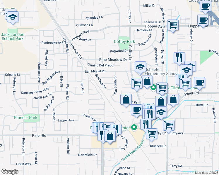map of restaurants, bars, coffee shops, grocery stores, and more near 3447 San Sonita Drive in Santa Rosa