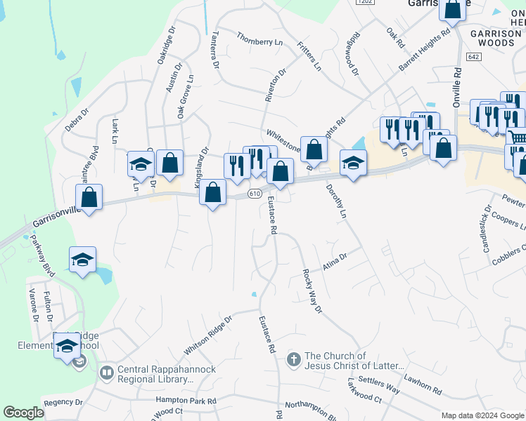 map of restaurants, bars, coffee shops, grocery stores, and more near 113 Matthew Court in Stafford