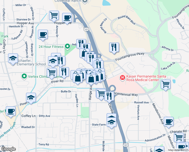 map of restaurants, bars, coffee shops, grocery stores, and more near 800 Piner Road in Santa Rosa
