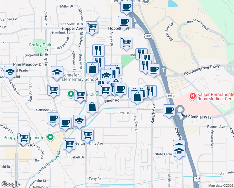 map of restaurants, bars, coffee shops, grocery stores, and more near 994 Piner Road in Santa Rosa