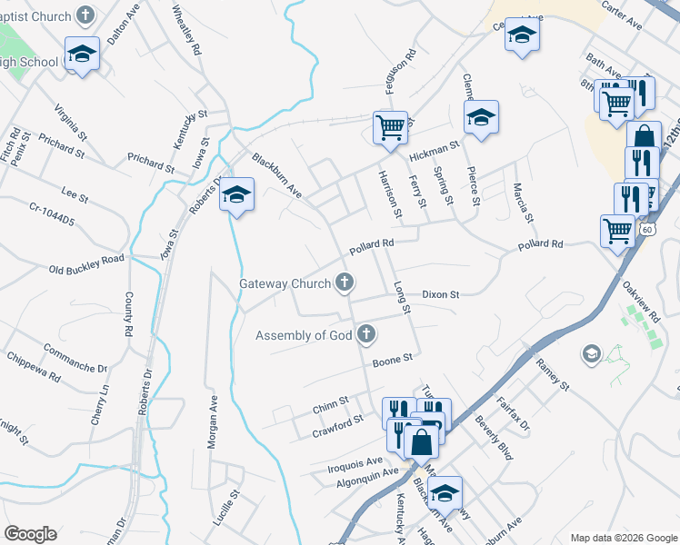 map of restaurants, bars, coffee shops, grocery stores, and more near 419-431 Blackburn Ave in Ashland