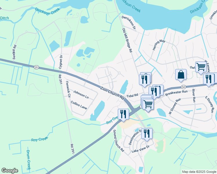 map of restaurants, bars, coffee shops, grocery stores, and more near 37450 Kingfisher Drive in Selbyville