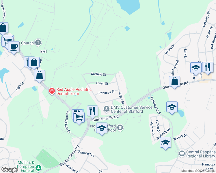map of restaurants, bars, coffee shops, grocery stores, and more near 9 Owen Street in Stafford
