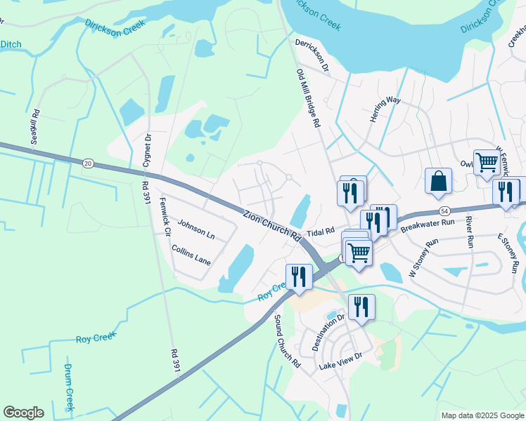 map of restaurants, bars, coffee shops, grocery stores, and more near 37450 Kingfisher Drive in Selbyville