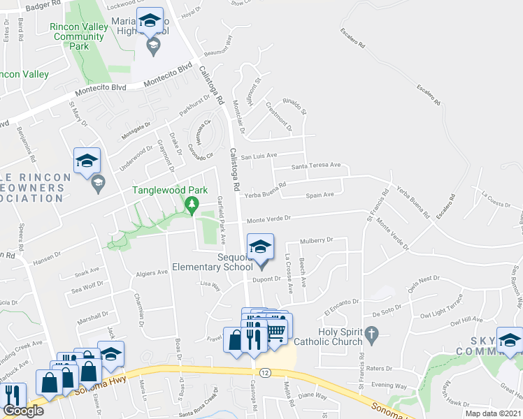 map of restaurants, bars, coffee shops, grocery stores, and more near 5220 Monte Verde Drive in Santa Rosa