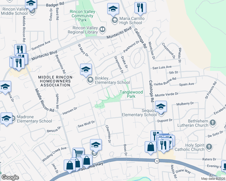 map of restaurants, bars, coffee shops, grocery stores, and more near 401 Korbel Place in Santa Rosa