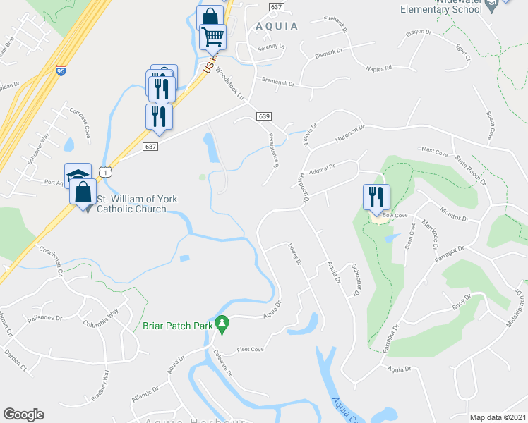 map of restaurants, bars, coffee shops, grocery stores, and more near 2076 Aquia Drive in Stafford