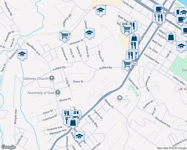 map of restaurants, bars, coffee shops, grocery stores, and more near 1365 Florence Street in Ashland