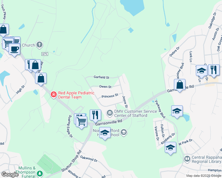map of restaurants, bars, coffee shops, grocery stores, and more near 9 Owen Street in Stafford