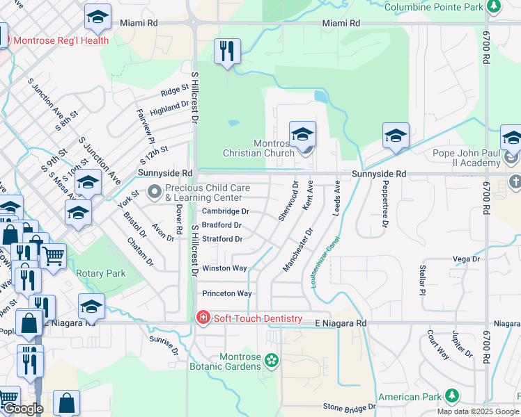 map of restaurants, bars, coffee shops, grocery stores, and more near 2223 Cambridge Drive in Montrose
