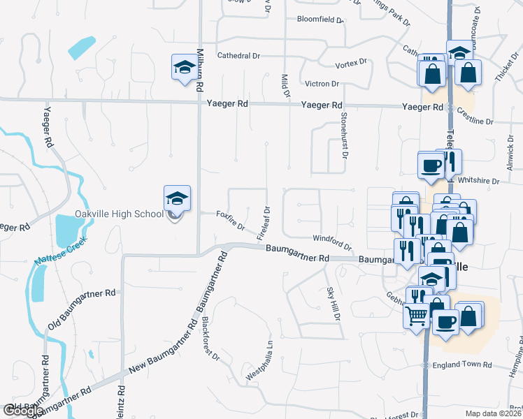 map of restaurants, bars, coffee shops, grocery stores, and more near 2810 Springridge Drive in St. Louis
