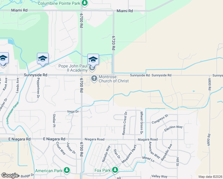 map of restaurants, bars, coffee shops, grocery stores, and more near 67196 Sunnyside Road in Montrose