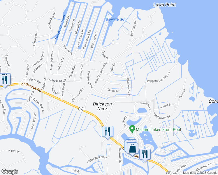 map of restaurants, bars, coffee shops, grocery stores, and more near 37541 Janice Circle in Selbyville