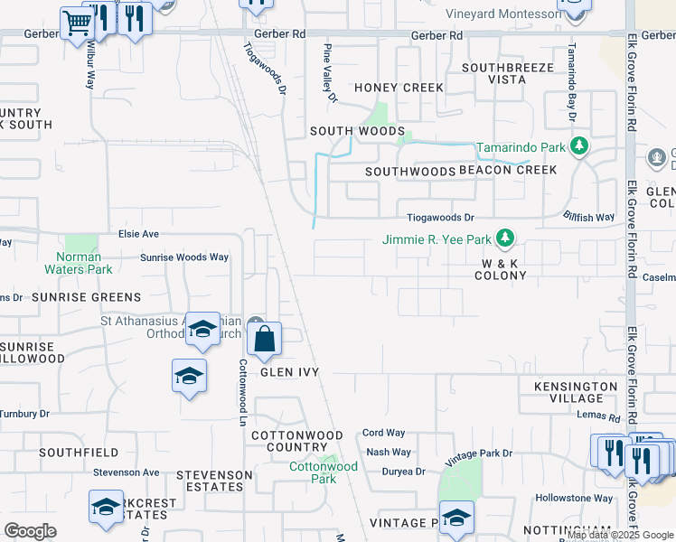 map of restaurants, bars, coffee shops, grocery stores, and more near 8604 Tiogawoods Drive in Sacramento