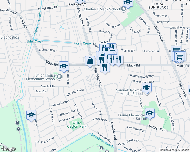 map of restaurants, bars, coffee shops, grocery stores, and more near 4500 Mack Road in Sacramento