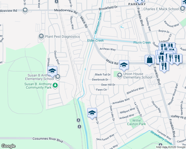 map of restaurants, bars, coffee shops, grocery stores, and more near 3970 Deer Run Way in Sacramento