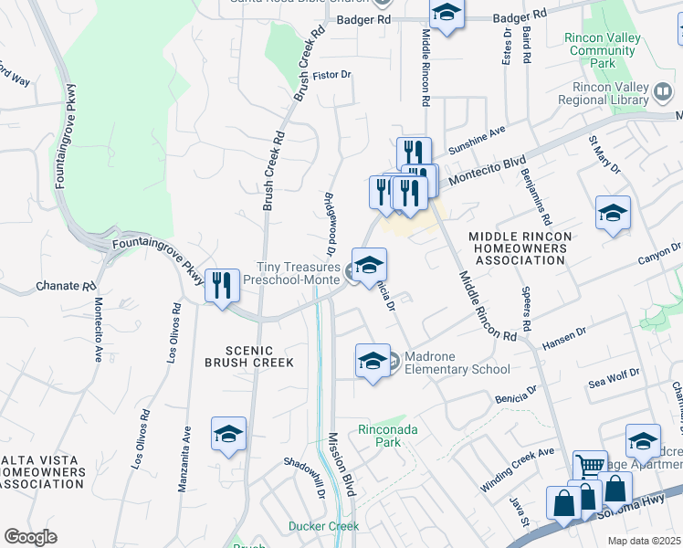 map of restaurants, bars, coffee shops, grocery stores, and more near 6221 Montecito Boulevard in Santa Rosa