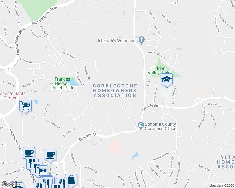 map of restaurants, bars, coffee shops, grocery stores, and more near 3251 Cobblestone Drive in Santa Rosa