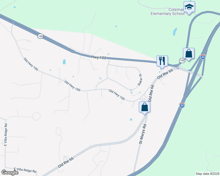 map of restaurants, bars, coffee shops, grocery stores, and more near 266 Baker Street in Villa Ridge