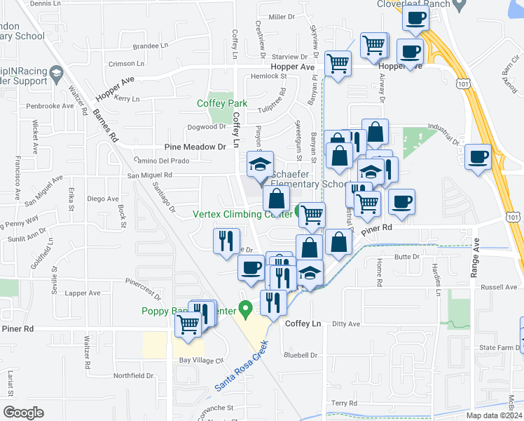 map of restaurants, bars, coffee shops, grocery stores, and more near 1784 Stillwater Place in Santa Rosa