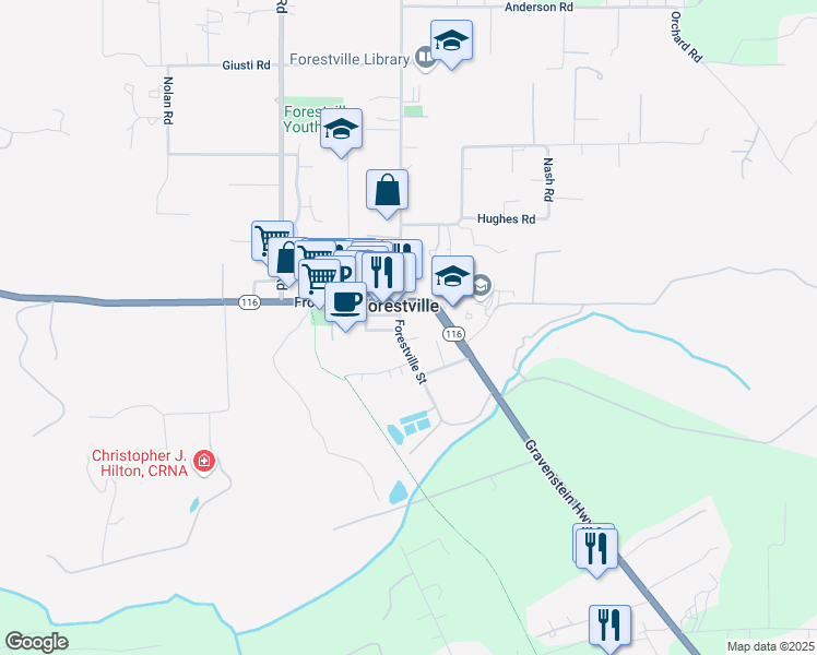 map of restaurants, bars, coffee shops, grocery stores, and more near in Forestville