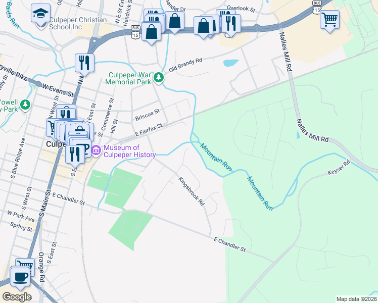 map of restaurants, bars, coffee shops, grocery stores, and more near 725 Electric Avenue in Culpeper