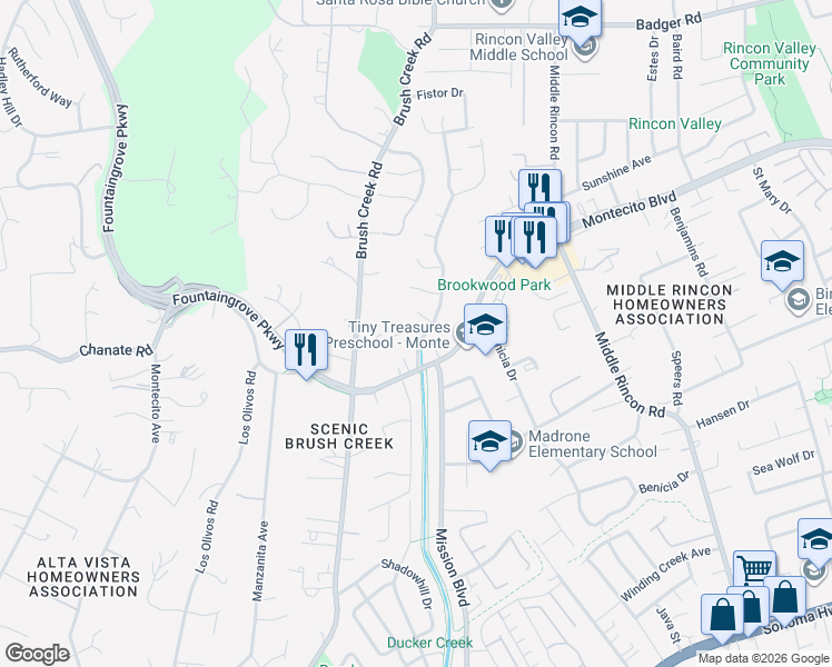map of restaurants, bars, coffee shops, grocery stores, and more near 6113 Bridgewood Drive in Santa Rosa