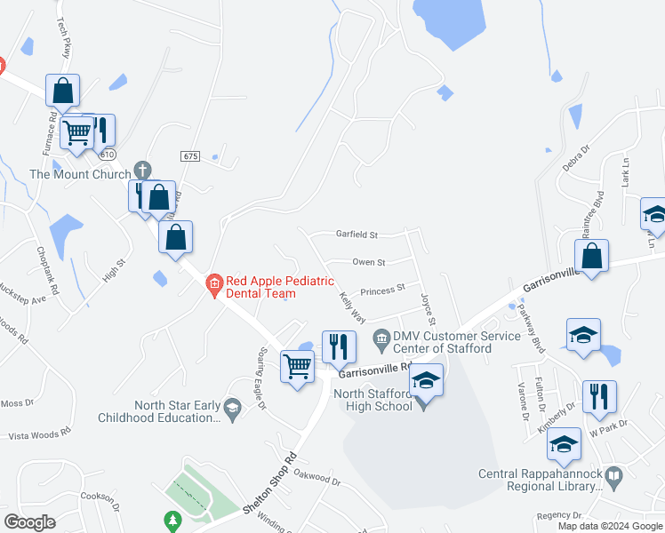 map of restaurants, bars, coffee shops, grocery stores, and more near 27 Owen Street in Stafford