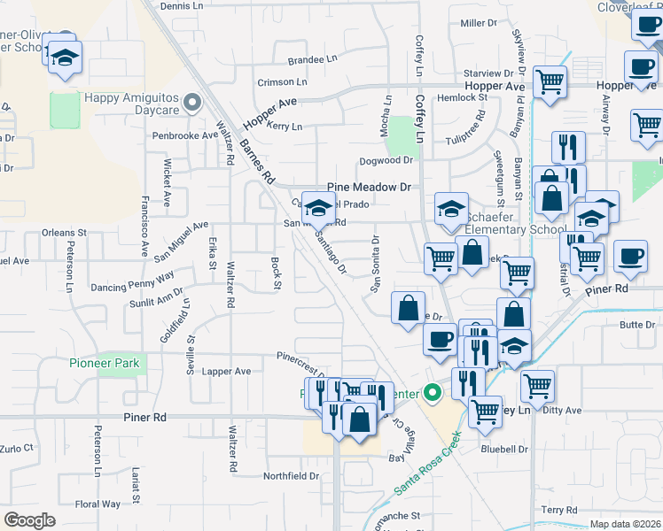 map of restaurants, bars, coffee shops, grocery stores, and more near 1946 San Marcos Drive in Santa Rosa