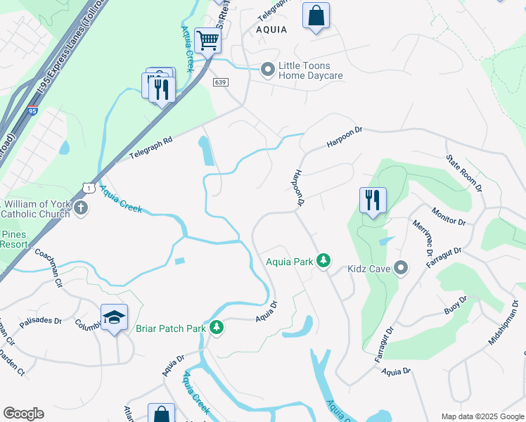 map of restaurants, bars, coffee shops, grocery stores, and more near 2076 Aquia Drive in Stafford