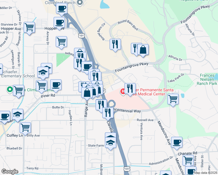 map of restaurants, bars, coffee shops, grocery stores, and more near 451 Columbia Street in Santa Rosa
