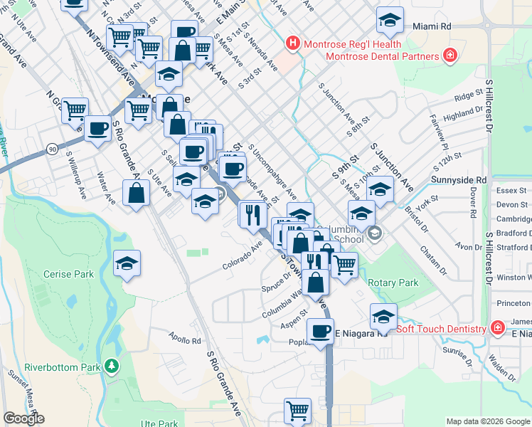 map of restaurants, bars, coffee shops, grocery stores, and more near 400 South 8th Street in Montrose