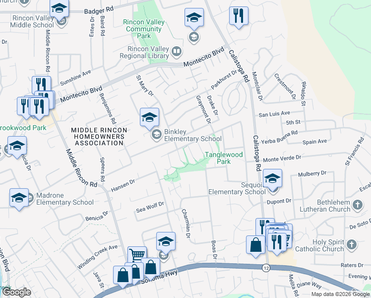 map of restaurants, bars, coffee shops, grocery stores, and more near 4984 Canyon Drive in Santa Rosa