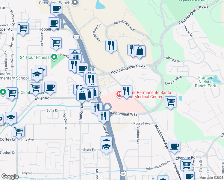 map of restaurants, bars, coffee shops, grocery stores, and more near 451 Columbia Street in Santa Rosa