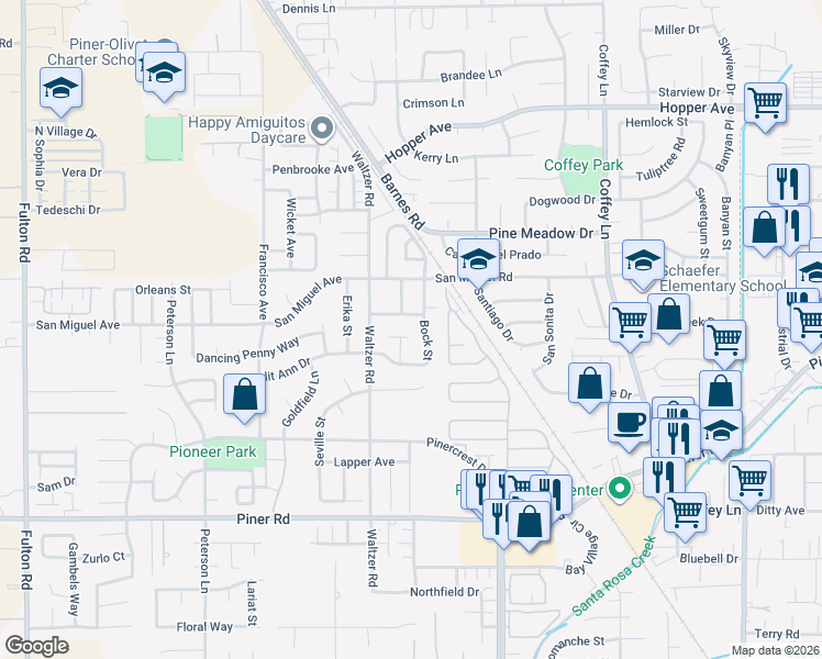 map of restaurants, bars, coffee shops, grocery stores, and more near 2166 Bock Street in Santa Rosa