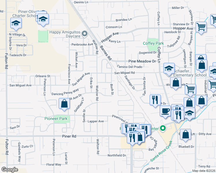 map of restaurants, bars, coffee shops, grocery stores, and more near 2166 Bock Street in Santa Rosa