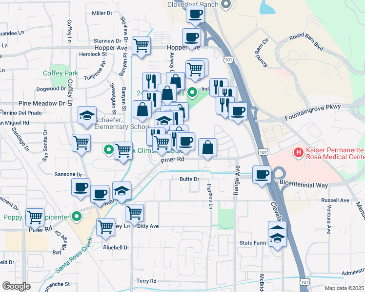 map of restaurants, bars, coffee shops, grocery stores, and more near 3262 Airway Dr in Santa Rosa