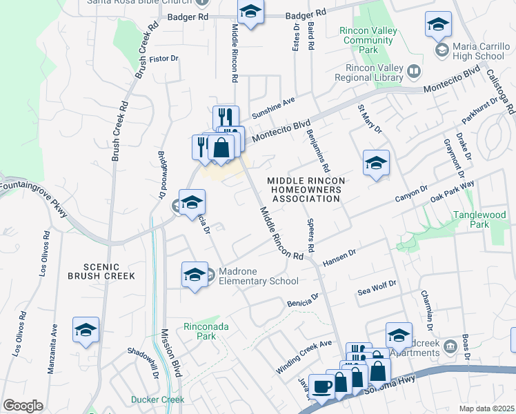 map of restaurants, bars, coffee shops, grocery stores, and more near 655 Middle Rincon Road in Santa Rosa