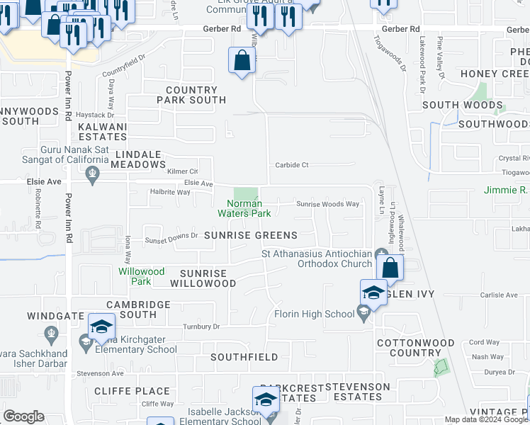 map of restaurants, bars, coffee shops, grocery stores, and more near 7841 Sunrise Greens Drive in Sacramento